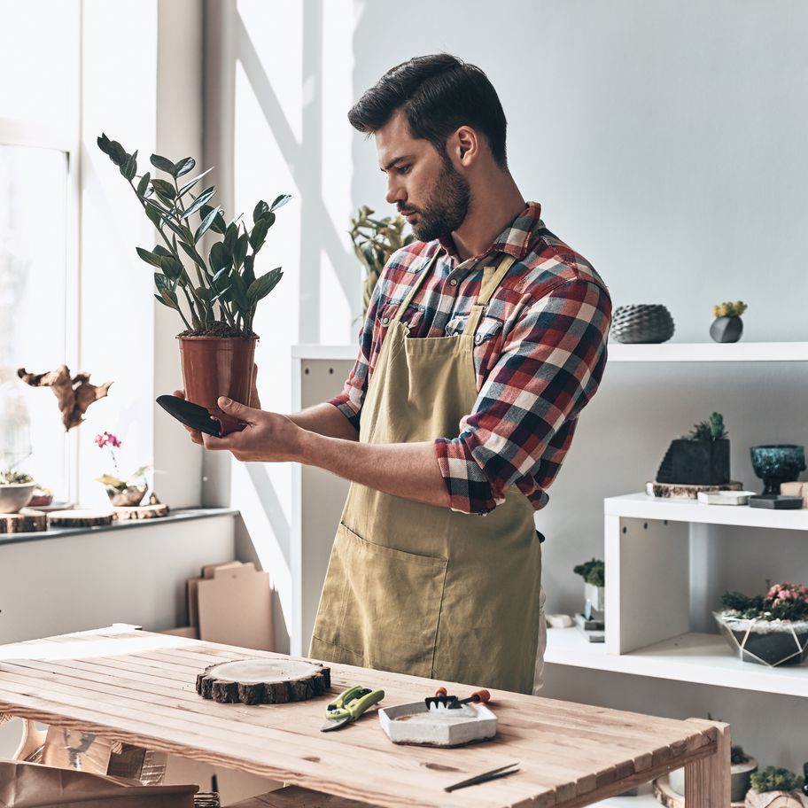 Small business owner in apron holding a potted plant in a garden center